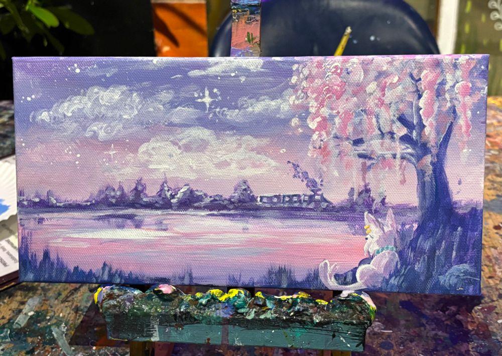 Acrylic Canvas painting of an Espeon overlooking a lake with a distant train in the background.