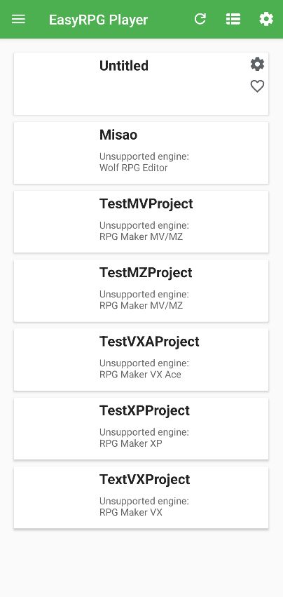 The Game Browser on Android showing games of unsupported engines with the label "Unsupported Engine: RPG Maker XP" etc.