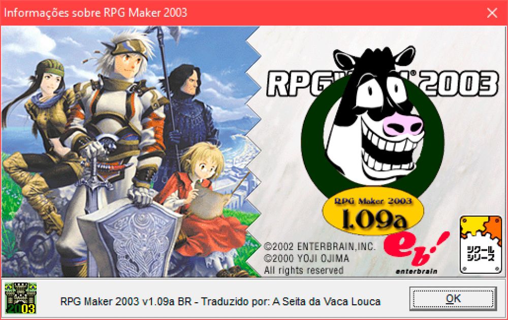 The RPG Maker 2003 Editor about screen where the logo was replaced in the Brazilian translation with the picture of a smiling cow.