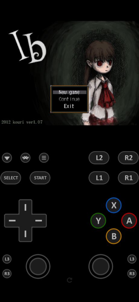 Screenshot taken on iOS. The title screen of the game Ib at the top and RetroArch Virtual GamePad buttons at the bottom.