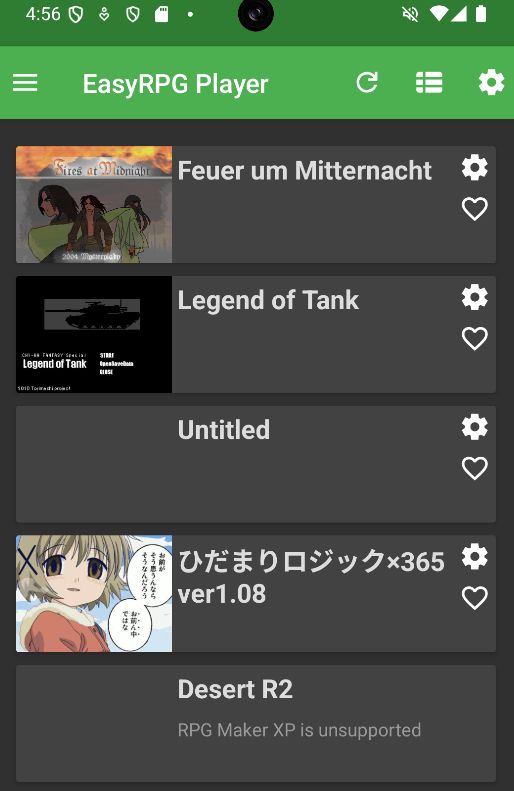 The EasyRPG Android App showing the Game Browser with various games in Dark Mode.