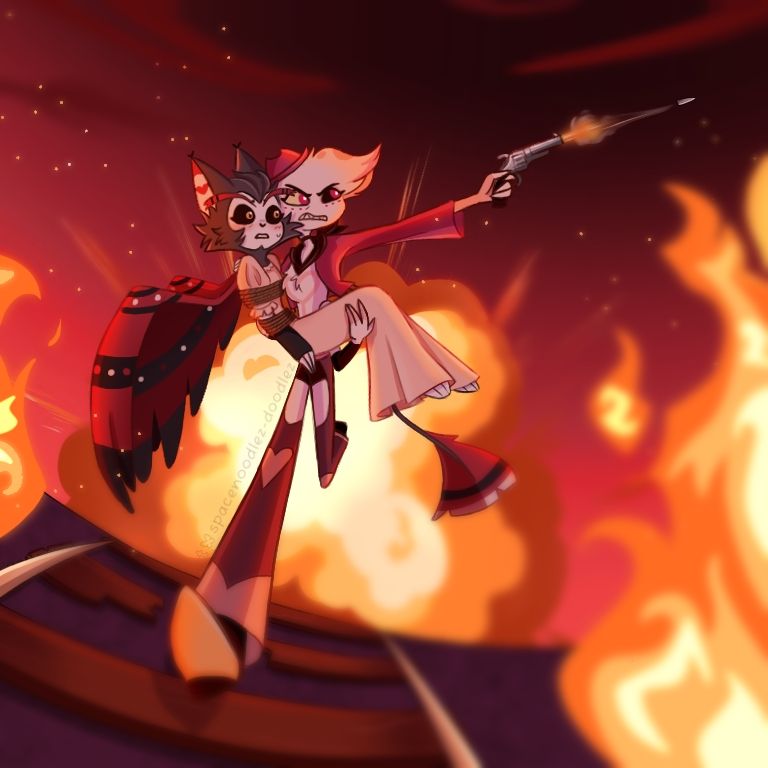 Angel running on train tracks, firing a bullet with his gun while carrying a tied-up Husk in his arms, surrounded by fire and explosions