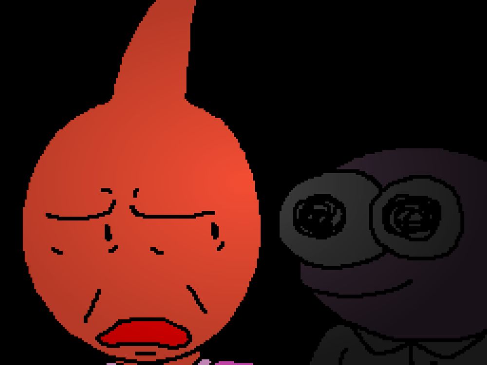 pikminthegreat's oc "kip" looking disturbed by pim from smiling friends behind him