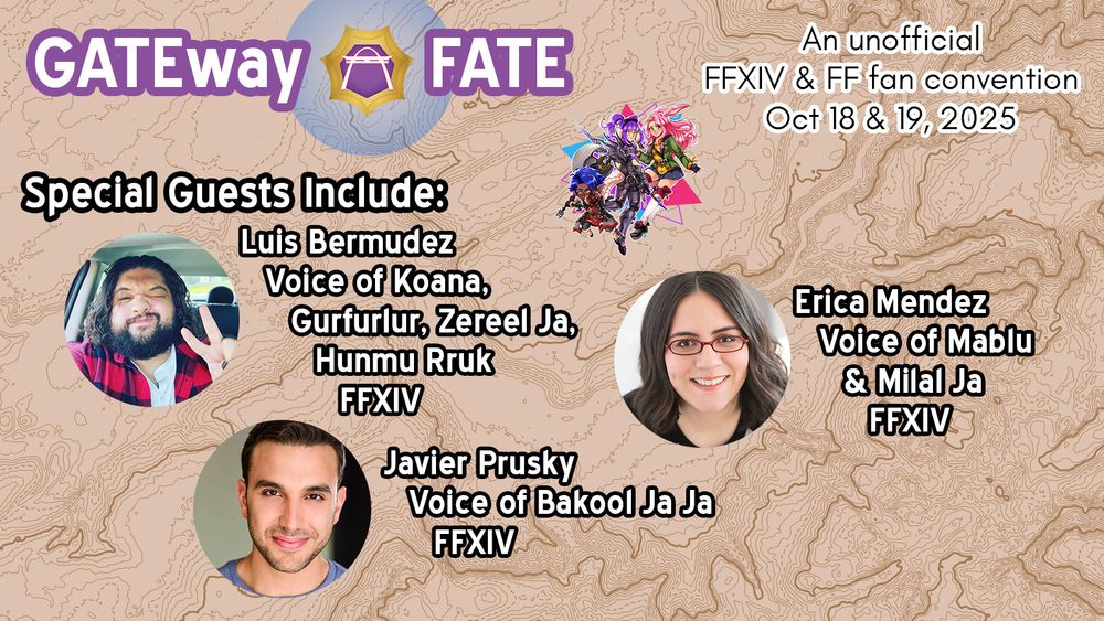 Promo image featuring voice actors Luis Bermudez, Javier Prusky, and Erica Mendez