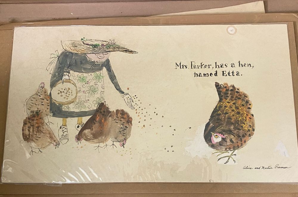 Original preliminary illustration by the Provensens for the book My Little Hen. Image shows a woman in a hat feeding chickens, opposite a single chicken and the words “Mrs. Parker has a hen named Etta.”