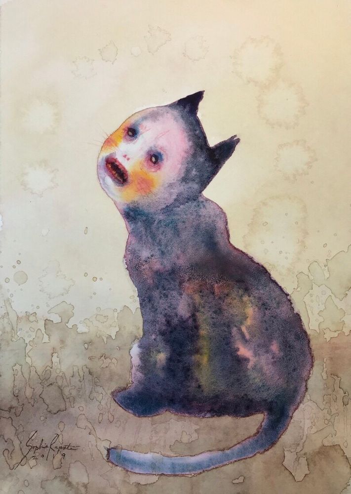 Painting of a black cat with a human face, that is looking up with a pleading look on its face.