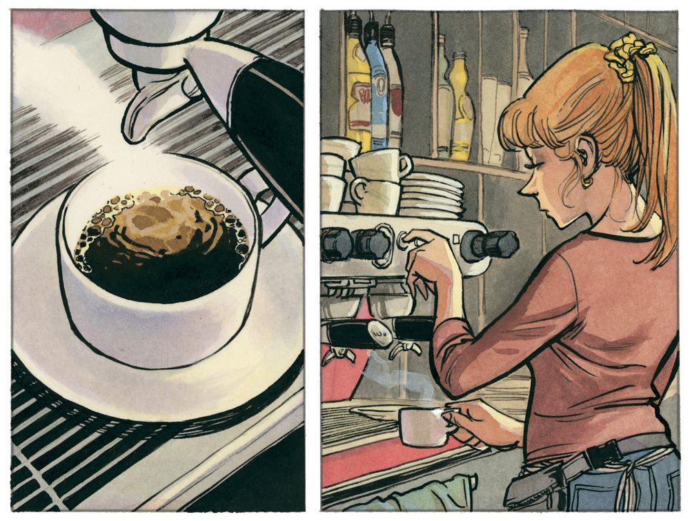 Deux cases de BD qui montrent une serveuse de bar-restaurant faisant le café.