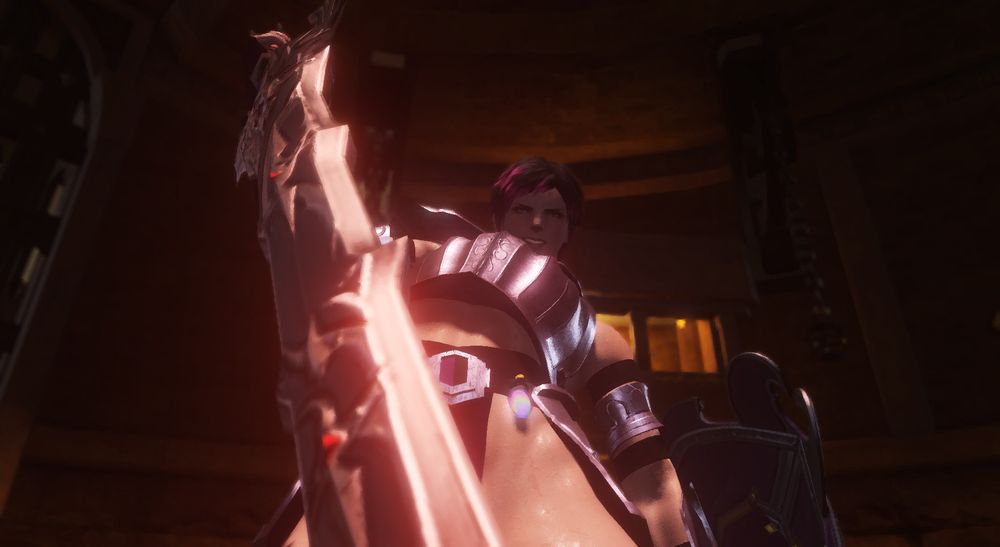 Wise Lilac dressed in armour, wielding a sword and shield. She is looking down at the camera with her sword placed just below off screen, giving the effect that her sword is at the viewer's throat.