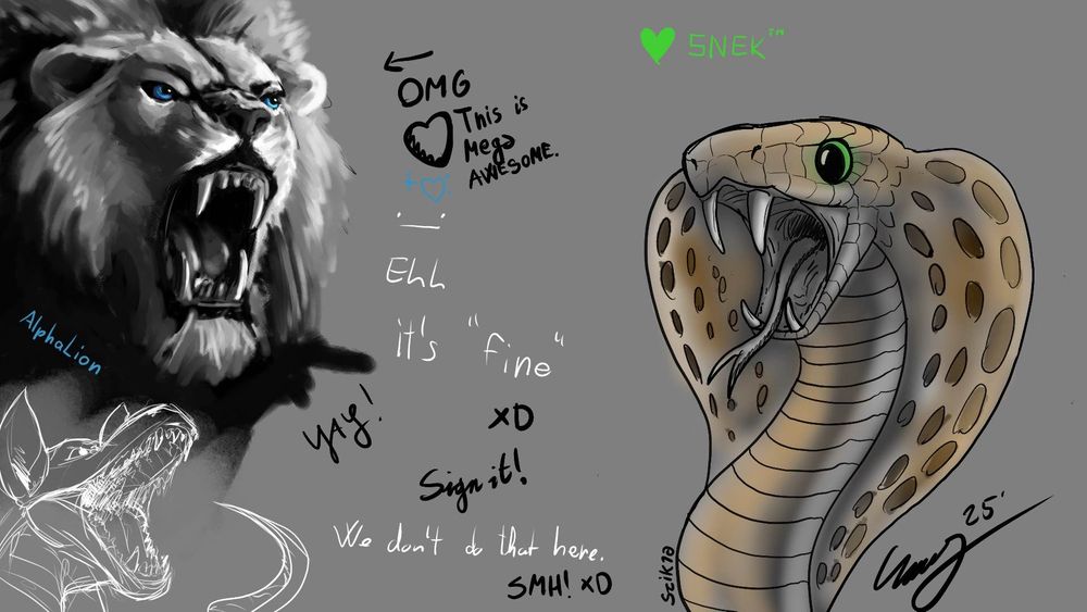 doodles of a lion and a snake done by AlphaLion and me!