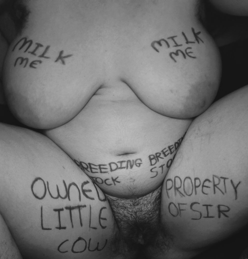 Black and white photo of a chubby body, legs up and focused on the torso. The thighs have the words "owned little cow" and "Property of Sir" written on them. The torso has "breeding stock", and the breasts have "milk me" 