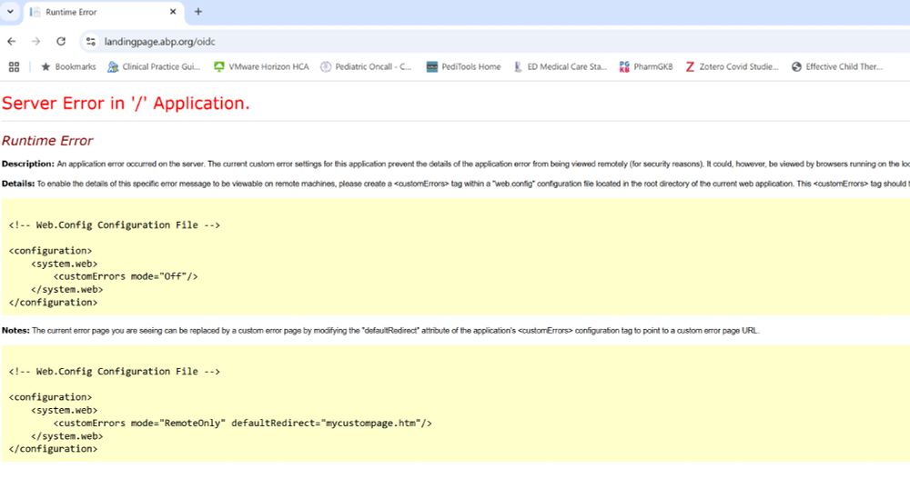 Screen shot of a server error message when trying to log into the MOCA peds site.