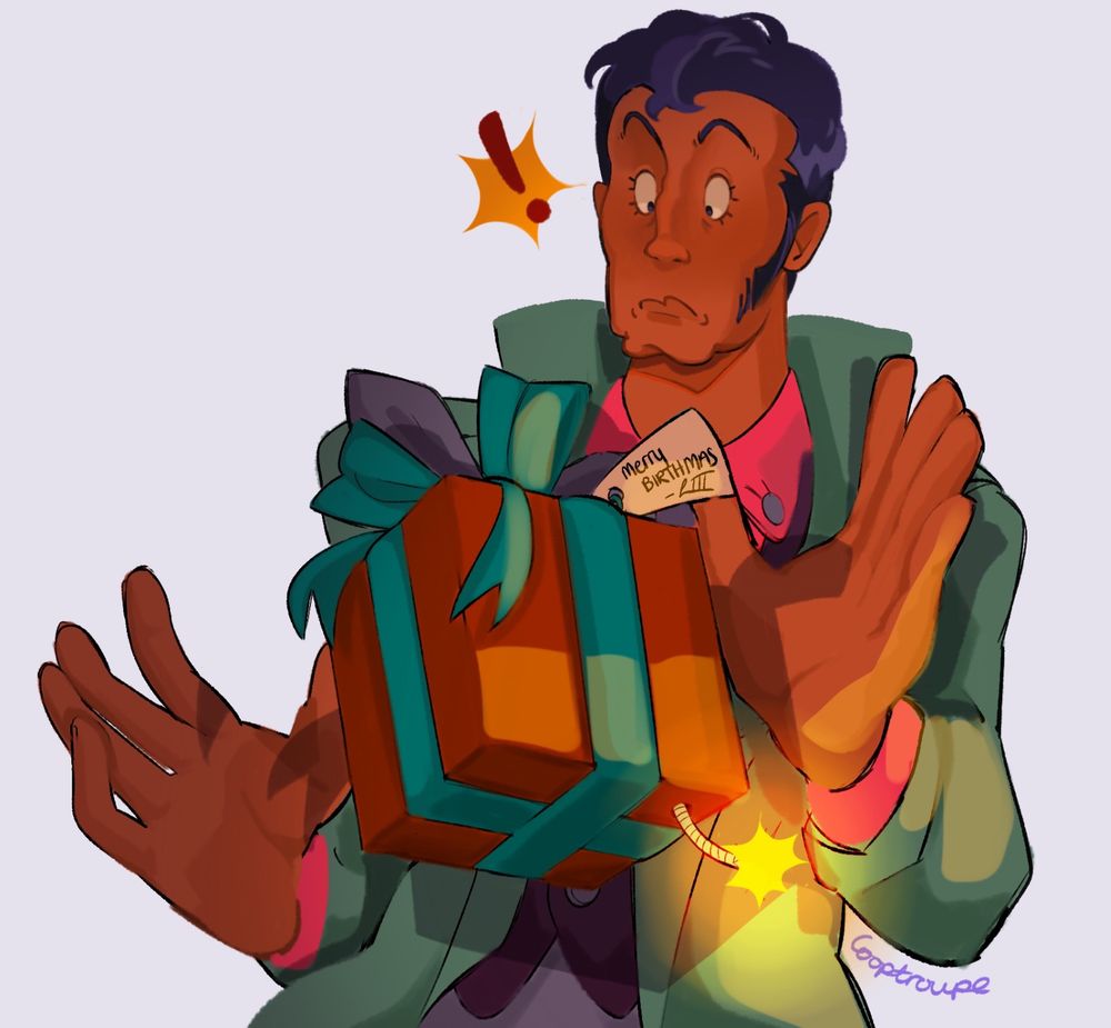 A shocked Zenigata leans backwards- hands letting go of a red and green present that sits mid-frame. A fuse pokes out of a hole at the bottom of the gift, already lit. The tag on the present reads “Merry Birthmas, -LIII” The colours are warm, the piece is underlit and the saturation is high. Happy birthday Zenigata!