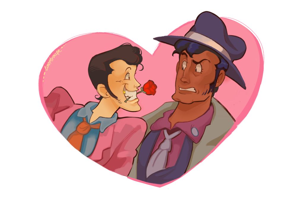 A headshot painting of Lupin III and Inspector Zenigata. Lupin leans in, grinning, with a rose between his teeth. Zenigata leans away, disgusted, confused, and taken very much by surprise. The pair are backdropped by a pink heart and are wearing their part 3 colours.