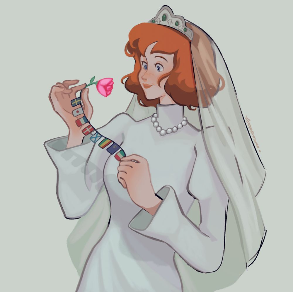 Clarisse De Cagliostro holds a pink flower and a garland strung with flags- as she does in The Castle Of Cagliostro. She wears her wedding dress & veil and is smiling wistfully.