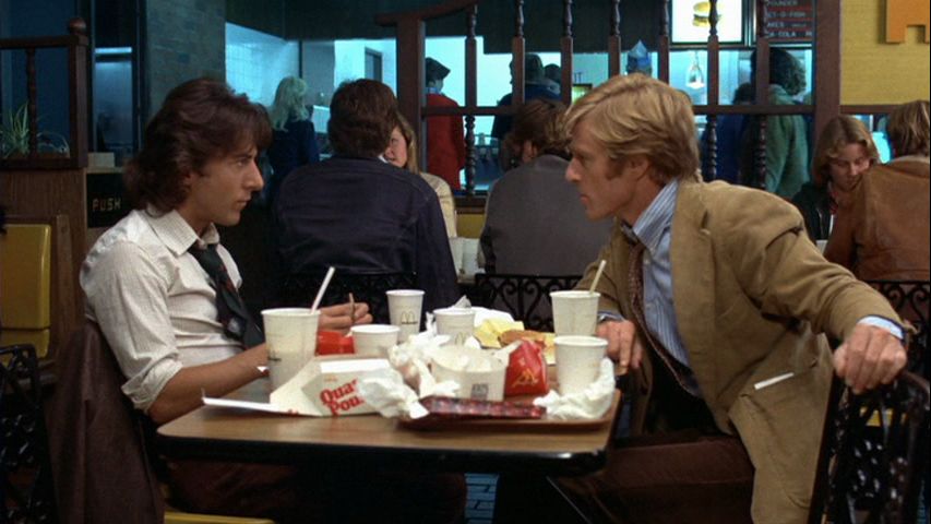 Robert Redford as Bob Woodward & Dustin Hoffman as Carl Bernstein discuss their Watergate investigation while eating at McDonalds 