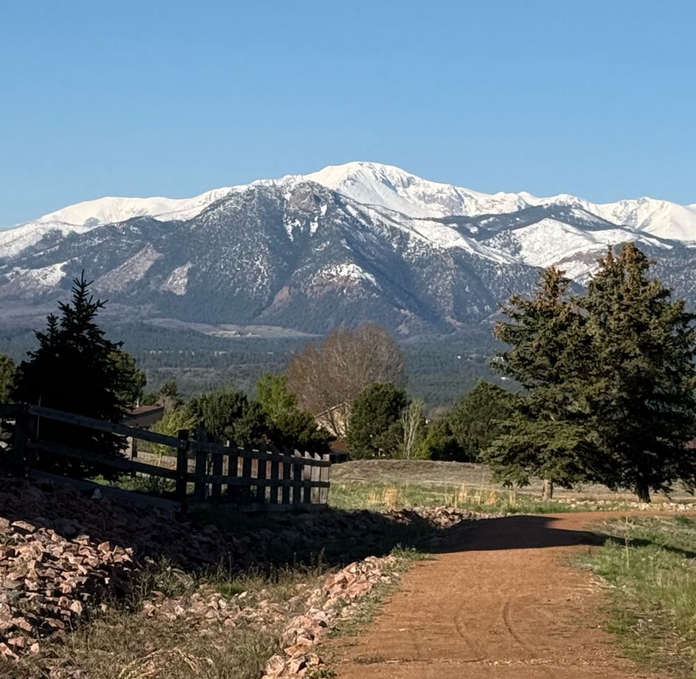 Snow capped mountains in the background. Mid ground has evergreen trees. Four ground has a path curving toward the trees and then to the right. 