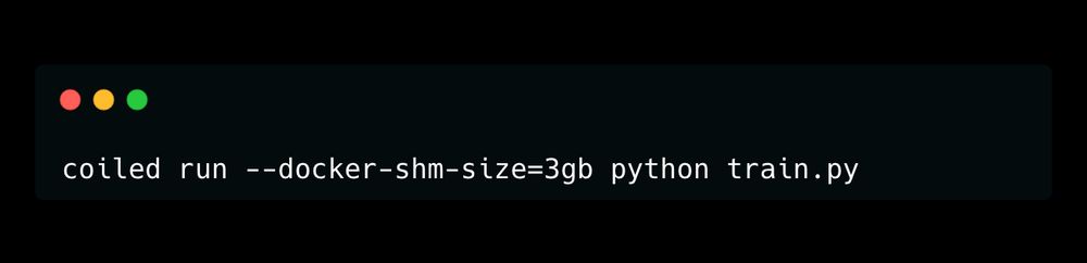 Carbon code snippet of the following CLI command: coiled run --docker-shm-size=3gb python train.py