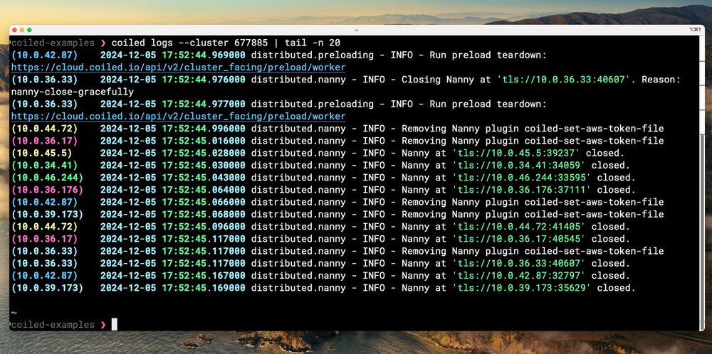Rich terminal output from coiled logs CLI command