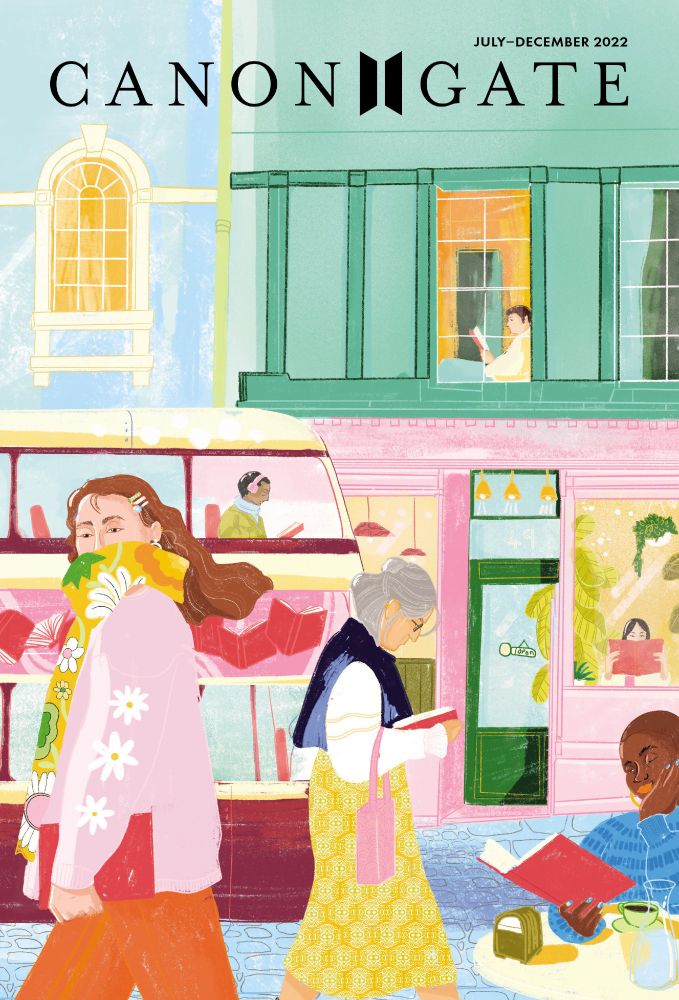 An Autumn 2022 cover illustration by Sophy Louise, showing a street scene where everyone is either reading or at least carrying a book, whether they're on a bus, at a cafe or walking on the pavement