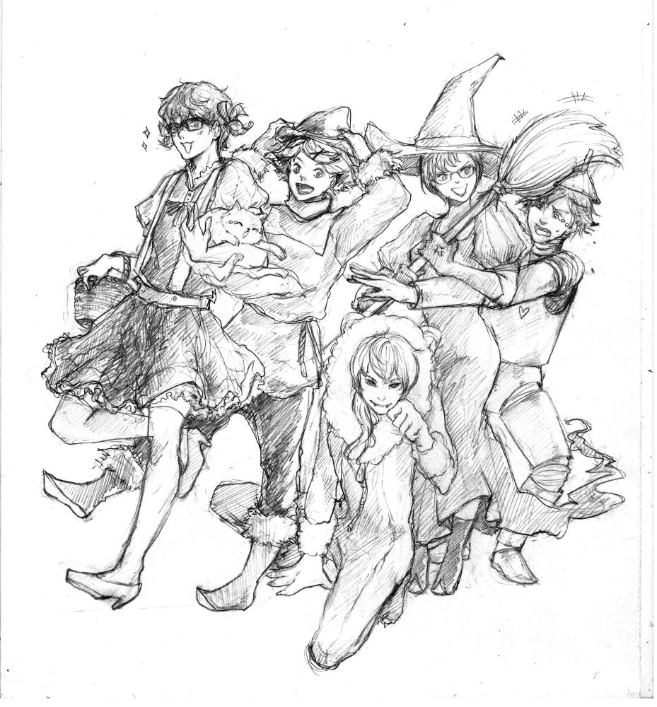 halloween pencil sketch of mystic messenger characters dressed as wizard OZ movie outfits and are walking in a march of sort, 707 in front on the left wearing the girl's dress and he's holding the white cat , second is the blonie character ( don't remember any other character than 707 lol) this one is wearing the scarecrow outfit, then white haired dude in the lion outfit, then the secretary girl as the witch , and finally black haired dude as the ronot thingie, he's holding his hand out and crying to retieve his cat from 707 but the secretary is preventing him from doing so with her witch mob and smiling evily at him