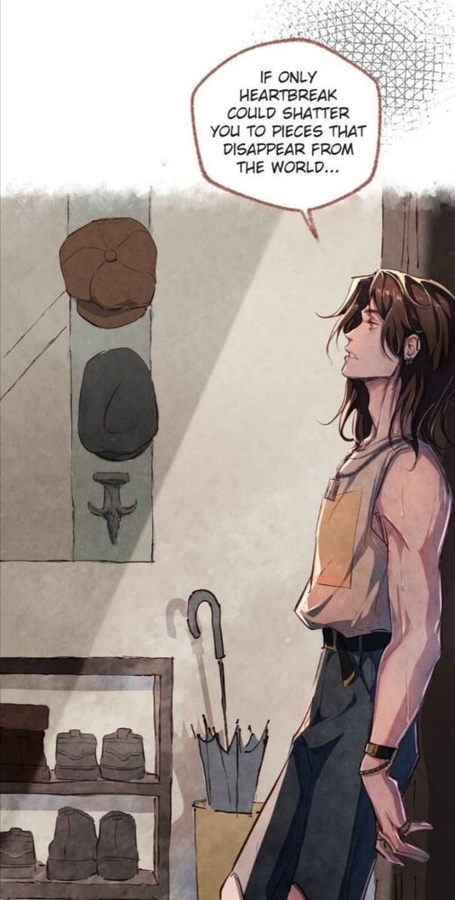 Screenshot from Kiln Of Yearnings showing Jiang Shi Zhou leaning on his apartment door exhausted, the text bubble is saying : if only heartbreak could shatter you to pieces that dissappear from the world. 