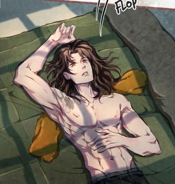 Screenshot from Kiln Of Yearnings showing Jiang Shi Zhou laying on his bed shirtless with a sad look in his eyes and his left arm lifted on his head and sighing. 