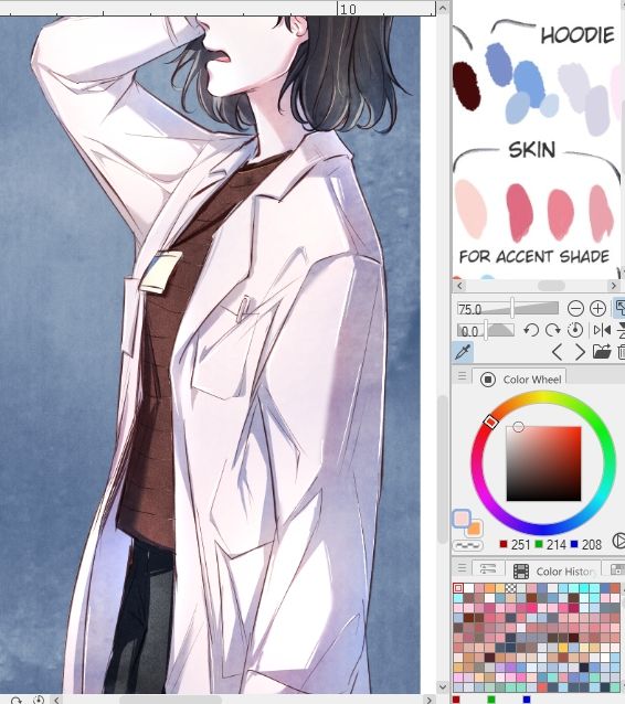 Screenshot from the art program clip studio paint showing part of a canvas and there's half a girl body wearing a long white doctor coat with brown blouse and dark pants underneath and she's raising her left arm and sighing but it's not all showing in the screen. 