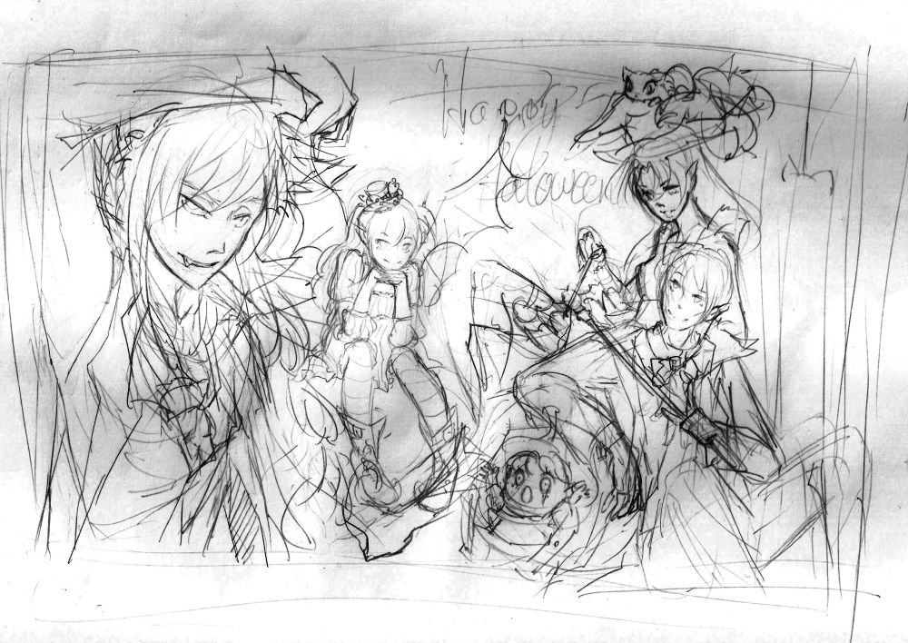 very rough halloween sketch of inuysha, kagome, sango, miroku, and shippo and they're all wearing vampire clothes with inu posing on the left and closest to the camera, kagome sitting on the furthest side in the middle, and the other three on the right