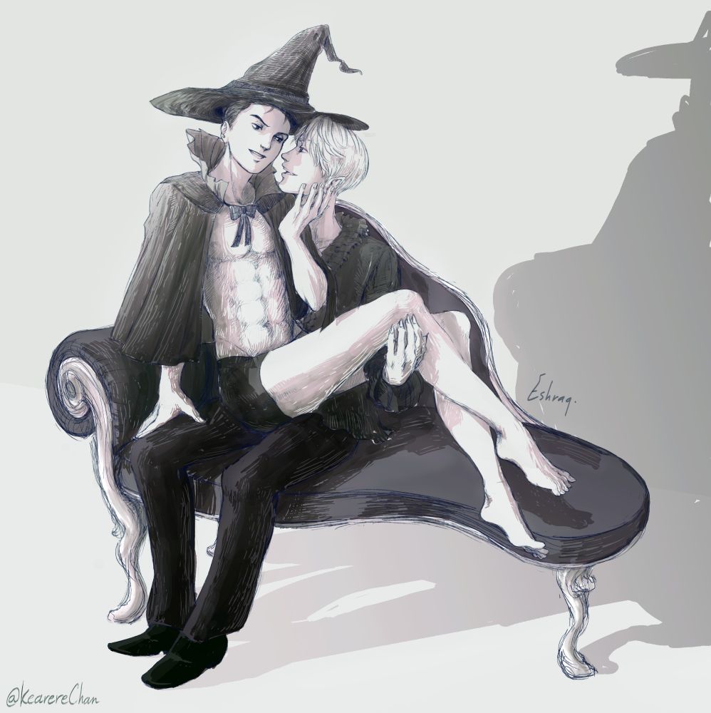 haloween fanart of viktor and yuuri, they're sitting on a on armed sofa with viktor holding yuuri in his arms princess style, he's wearing fancy classical clothes and yuuri is wearing a skimpy outfit resembling a witch, it's black shorts and witch hat and cape with his chest on display, he's holding viktor's face with his left hand and moving his face up to look at him while smirking down at him, viktor is in a haze there. the color mode of the drawing is monochrome grayish tone