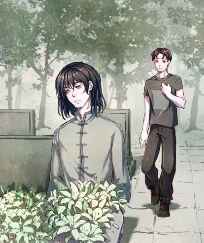 Screenshot from Kiln Of Yearnings webtoon showing Lee Ji Ying sitting on a grave with a dead look in his eyes, he's wearing a gray suit and there's white flowers in his lap and beside him. And Jiang Shi Zhou walking behind him anxious and wearing a black shirt and pants. 