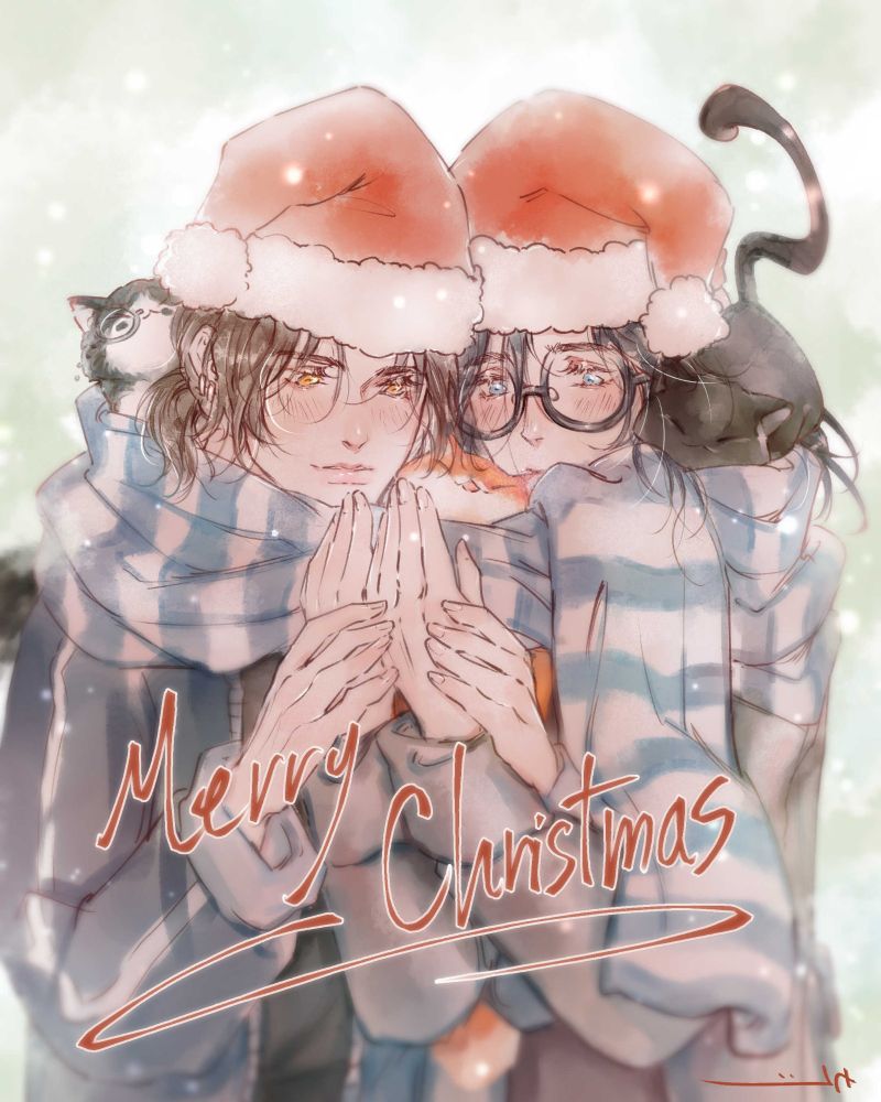 Christmas drawing showing Lee Ji Ying (right) and Jiang Shi Zhou (left) from original bl webtoon canvas (Kiln Of Yearnings), they're cuddling together in one blue and white scarf and wearing winter clothes and red santa hats, Shi Zhou is holding Ji Ying's hands up and blowing on them to warm them up, they're both blushing, there are 3 cats also snuggling inside the big scarf, Moro on the right, Gingerbread in the middle, and Pawriot in the left, colors vibes are soft with whitish wintery bg. 