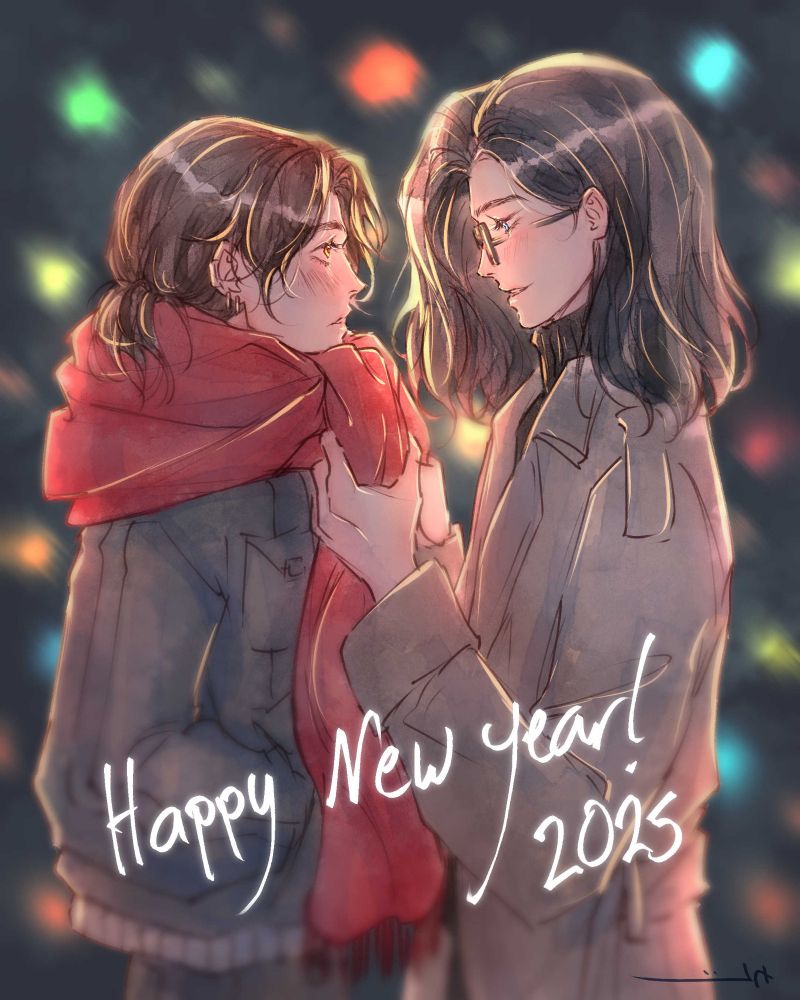 New year original illustration with the characters Lee Ji Ying (right) and Jiang Shi Zhou (left) from "Kiln Of Yearnings" original webtoon canvas. They're both standing face to face engulfed in night scene city celebration lights and Ji Ying is putting a big puffy red scarf around Shi Zhou's neck as if marking his new year present in a soft teasing manner, and Shi Zhou is looking up at him and blushing. 