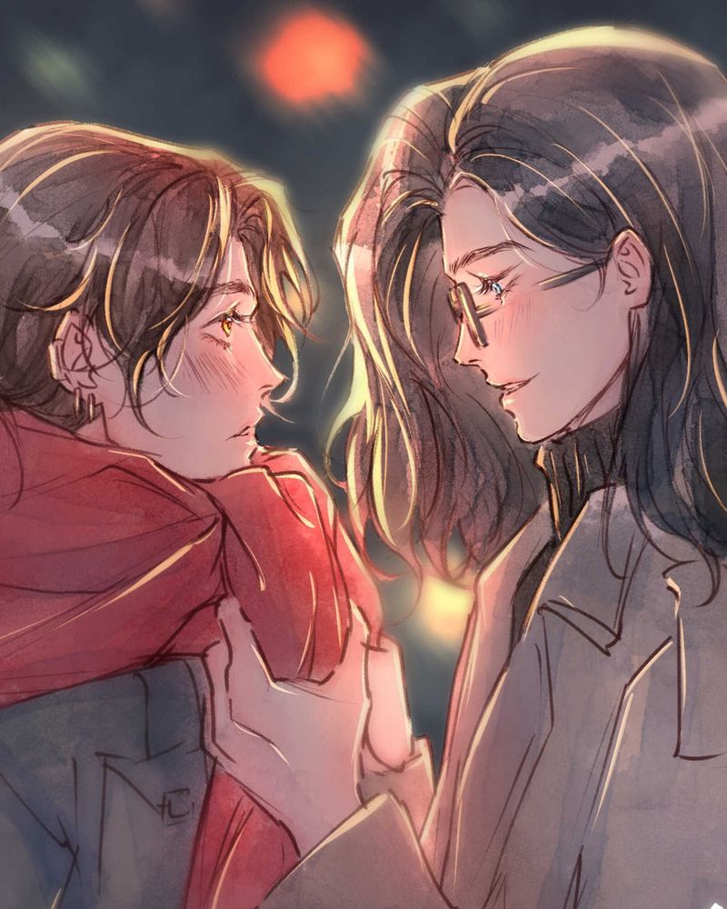 New year original illustration with the characters Lee Ji Ying (right) and Jiang Shi Zhou (left) from "Kiln Of Yearnings" original webtoon canvas. They're both standing face to face engulfed in night scene city celebration lights and Ji Ying is putting a big puffy red scarf around Shi Zhou's neck as if marking his new year present in a soft teasing manner, and Shi Zhou is looking up at him and blushing. 