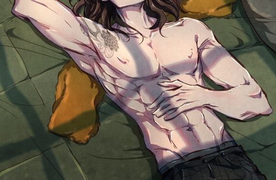 Close up of muscular male oc laying on his bed