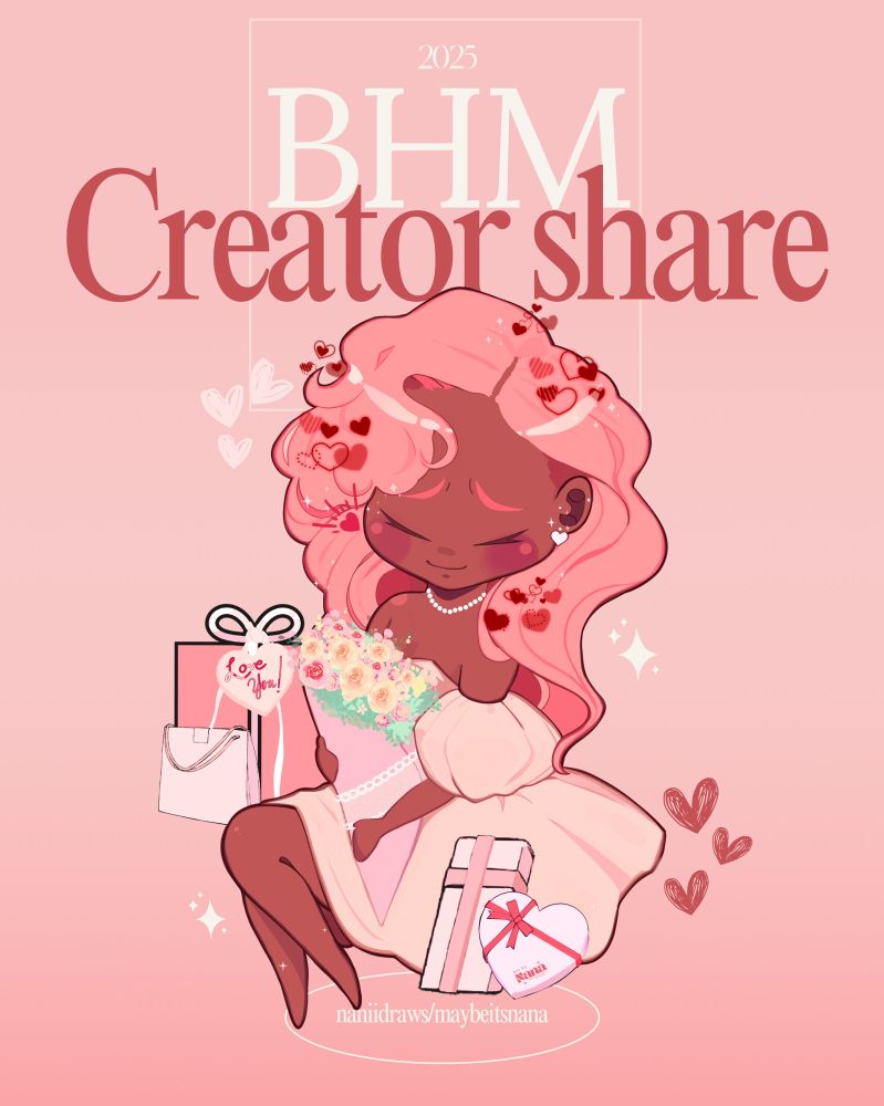 Title card with “2025 BHM Creator Share” with a chibi Irianna (pink wavy hair, medium brown skin in a soft pink dress. Holding flowers with gifts around her. She has a flattered and grateful expression from the gifts) 