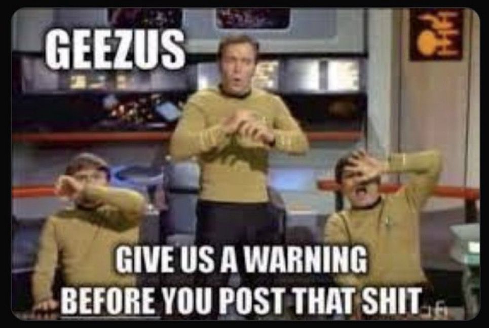 Still from Star Trek (the original series) Sulu and Chekov shielding their eyes and the caption: Geezus Give us a warning before you post that shit. 