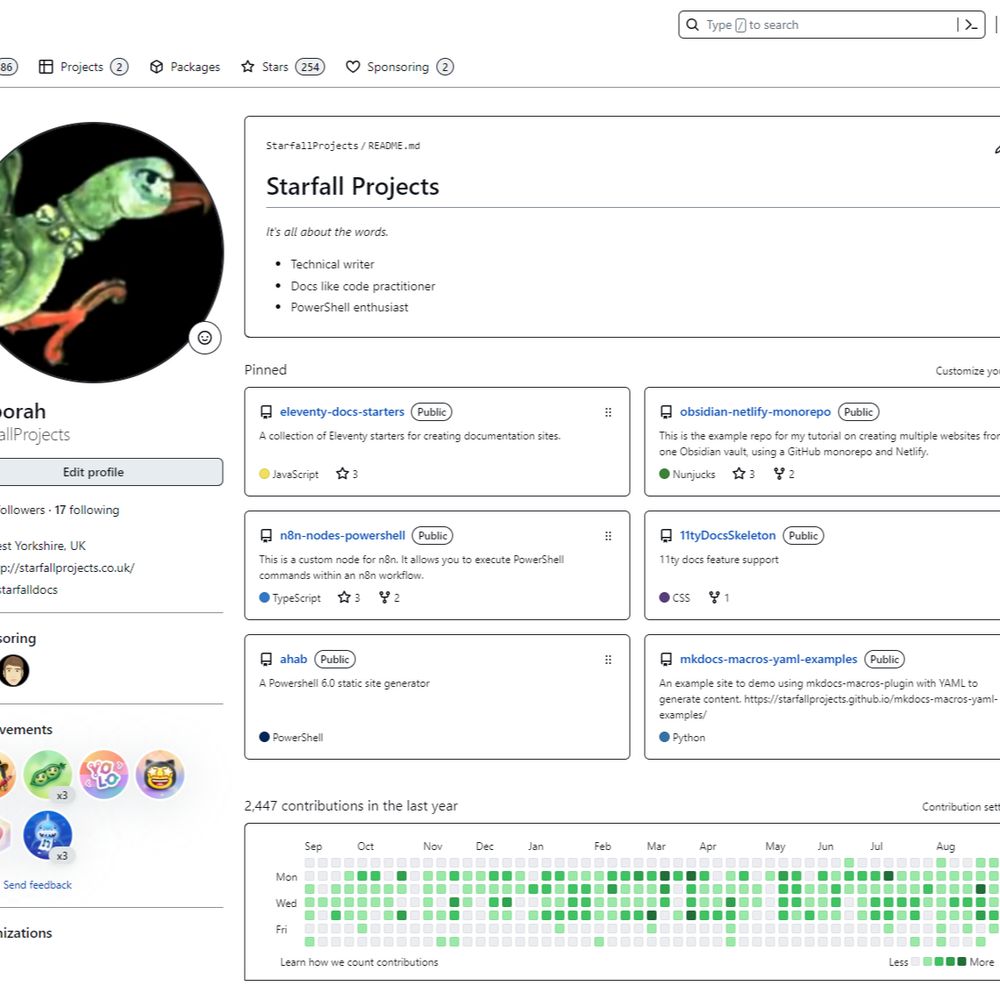 Screenshot of StarfallProjects GitHub profile. The GitHub theme is set to high-contrast mode. This is making the text and other elements really stand out. It's a very clear, clean, crisp visual.