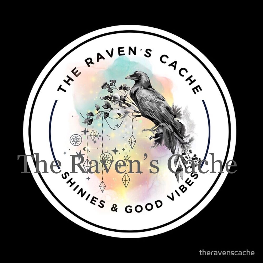 A white circle with black text around the edge that reads:
The Raven’s Cache; Shinies and Good Vibes. 
In the center, rainbow tie die serves as a background to a black raven sitting on a branch with line art ornaments hanging from it. 