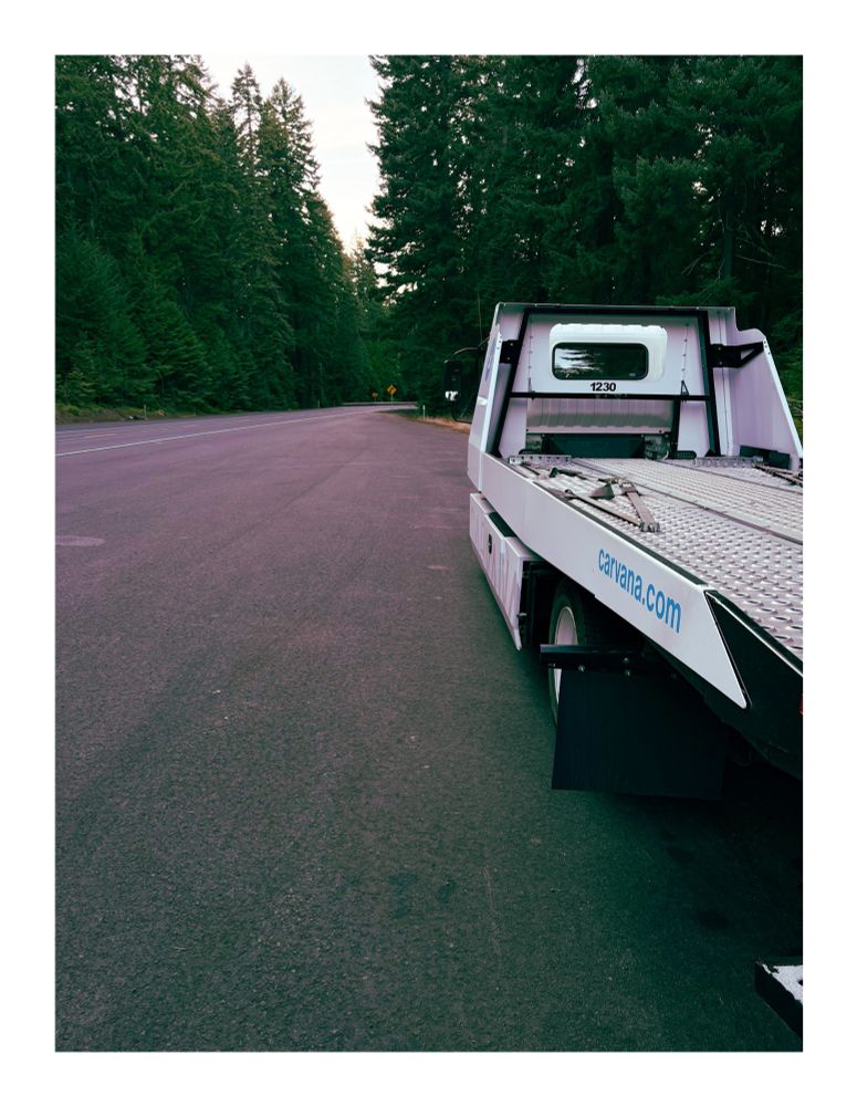 Photo of a carvana truck on a scenic road through the forest. 