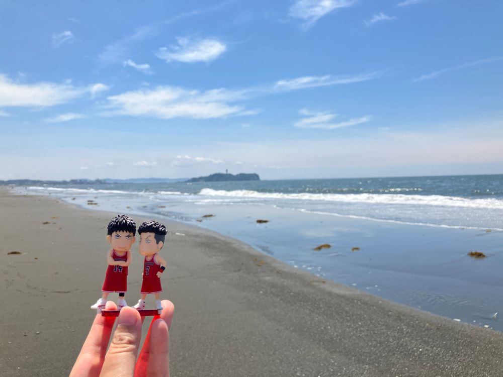 辻堂海岸から江ノ島を見た写真　手前に三リョミニフィギュアを掲げている