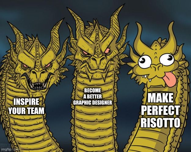 Drawing of 3 dragon heads. The first 2 look very serious. They are labeled with "Inspire your team" and "become a better graphic designer". The third one looks very comical and is labeled with "make perfect risotto".