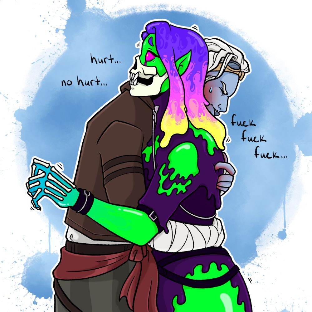 A light blue character in pilot-adjacent attire hugs an anxious looking character with neon green skin, drippy attire, and purple/pink/yellow hair.