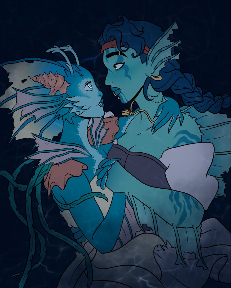 Two aquatic woman deep underwater having a sweet moment as they stare into one another’s eyes. One is adorned in various shell jewelry while the other has more pirate-like clothing.
