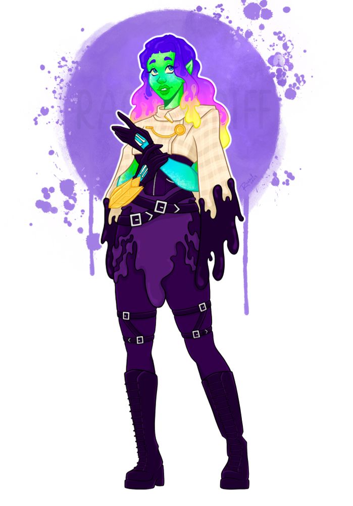 A vibrant humanoid with mostly neon green skin with blue fading up her arms and also her cheeks as blush. She is wearing a deep purple outfit with a beige plaid jacket. Her neon purple, pink, and yellow lava lamp-like hair is pulled half back, and she has a pleasant smile on her face.