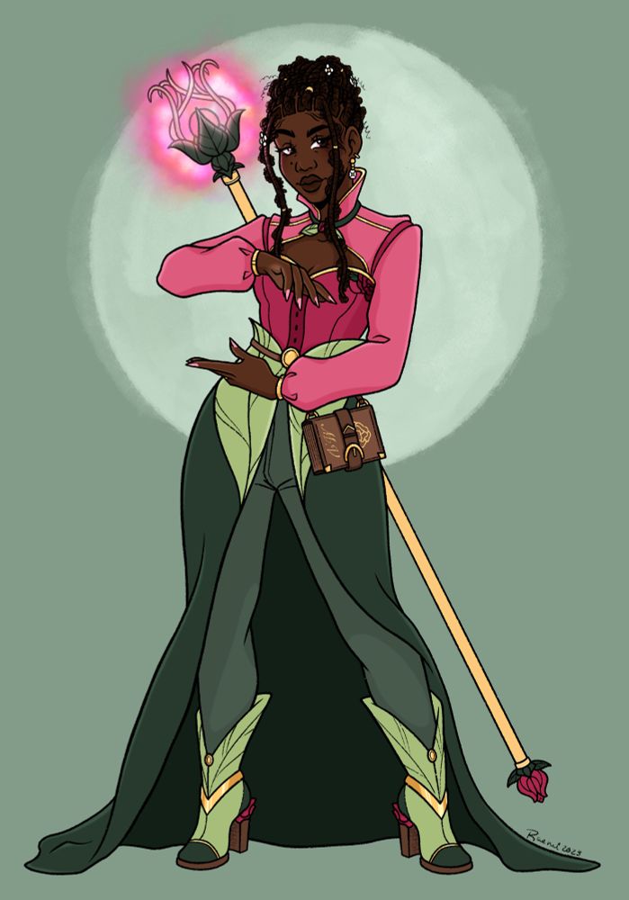 A floral mage standing easy to cast a spell. She has a book at her side and a glowing staff at her back. Flowers decorate her hair and have inspired the detailing of her outfit; pinks, greens, and yellow.