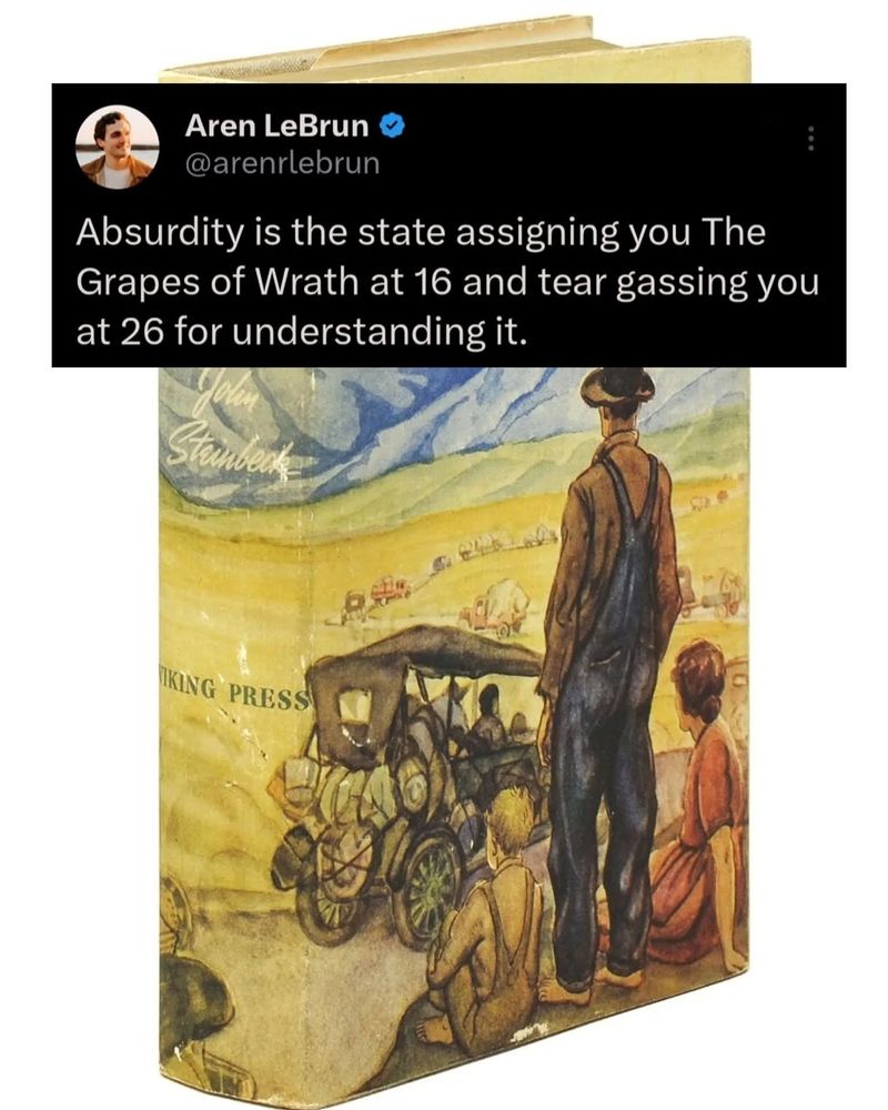 Absurdity is the state assigning The Grapes of Wrath at 16 and tear gassing you at 26 for understanding it. Credit @arenrlebren (image of Grapes of Wrath in background)
