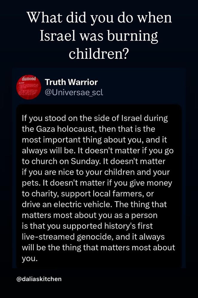 Text asking what did you do when Israel was burning children. A screen print of an Instagram post saying that if you supported Israel during this genocide then none of your church going or any other virtue washing will matter. 