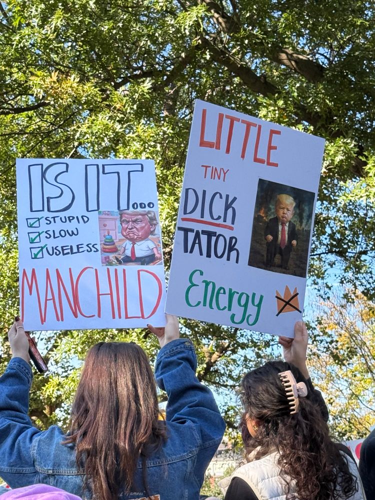A photo from the No Kings protest in Boston common with two signs held up. One says ‘little tiny dick energy’ and shows a photo of Trump 