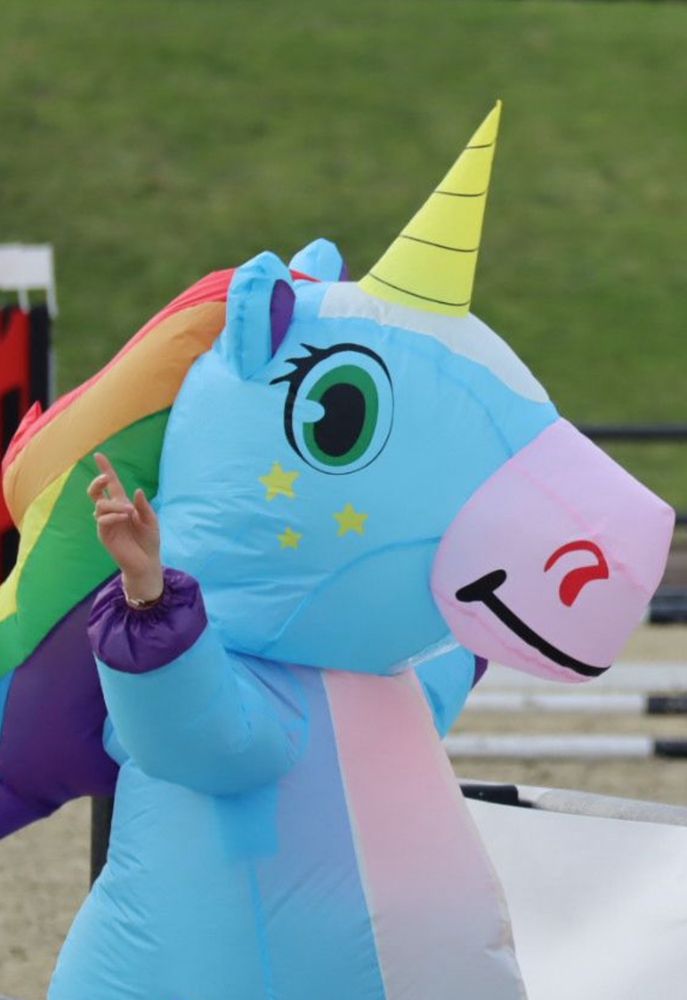 Inflatable unicorn costume with me inside but you can't see my sweaty face, you can only see my hands up as I was dancing. The picture was taken this summer when I was cheering for my friends at a horse show near Paris. I wish I were wearing it again in Portland.