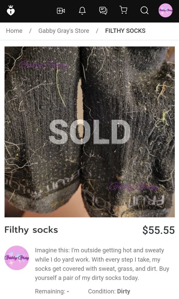 Gabby Gray's ManyVids store. Item pictured "filthy socks"; black with grey fruit of the loom socks.